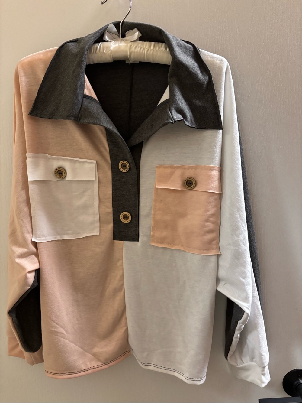 Colorblock Button-Front Long Sleeve Top - Pink, Cream & Charcoal. Medium
